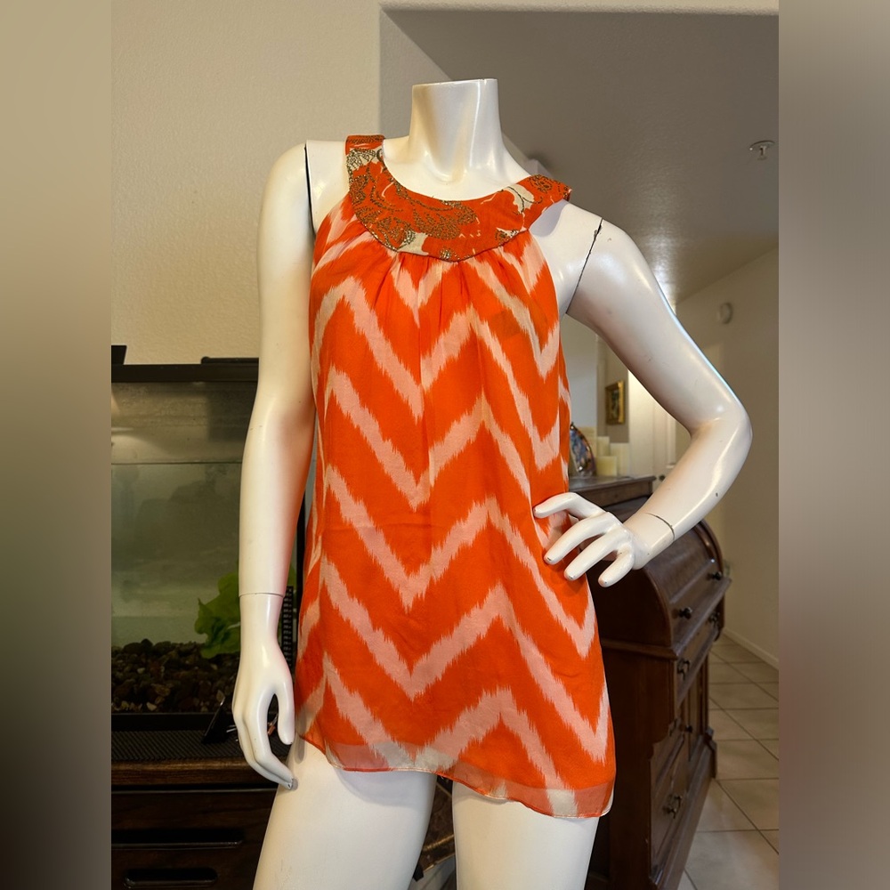 Millie of New York orange/white print silk sleeveless top